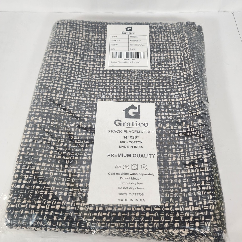 Gratico 6 Pack Cotton Placemats Black Natural 14x20 Woven Table Mats New